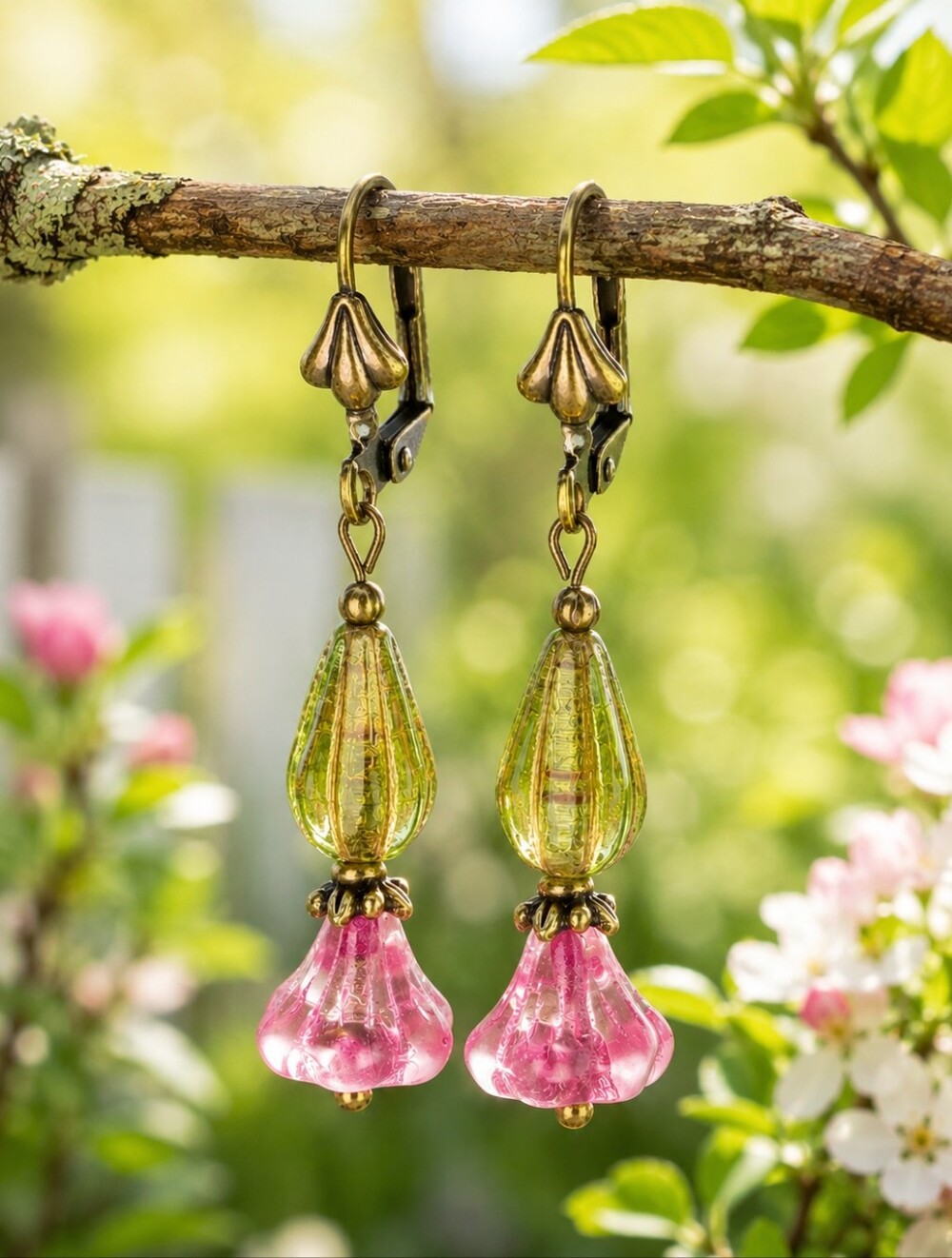 Pink Flower Earrings Czech Glass Spring Garden Artisan Jewelry Hand Crafted